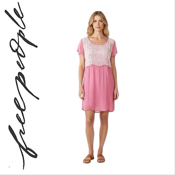 FREE PEOPLE💗Sheer pink ivory embroidered short sleeve tunic or dress XS - Picture 16 of 16